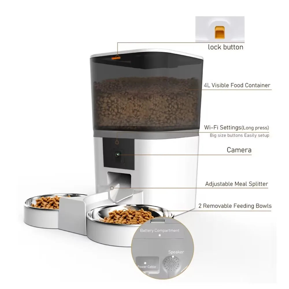 4L Automatic Pet Feeder With Camera APP Control Double Meal Smart Pet Time For Pet Cats Dog Food Stainless Steel Bowl Feeder