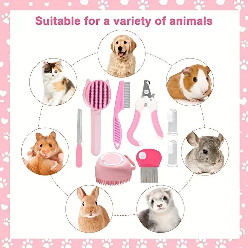 8Pcs Cat Brush Beauty Kit With Pets Nail Clippers Cat Shampoo Bath Brush Cats Sheddin and Files Pet Self-Cleaning Kit Flea Comb
