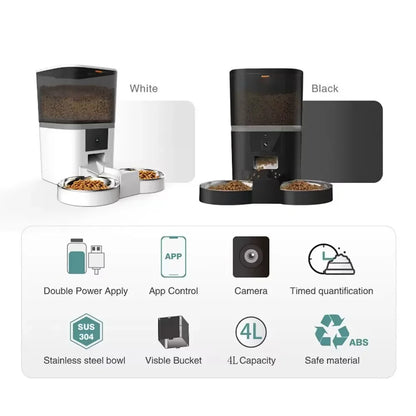 4L Automatic Pet Feeder With Camera APP Control Double Meal Smart Pet Time For Pet Cats Dog Food Stainless Steel Bowl Feeder