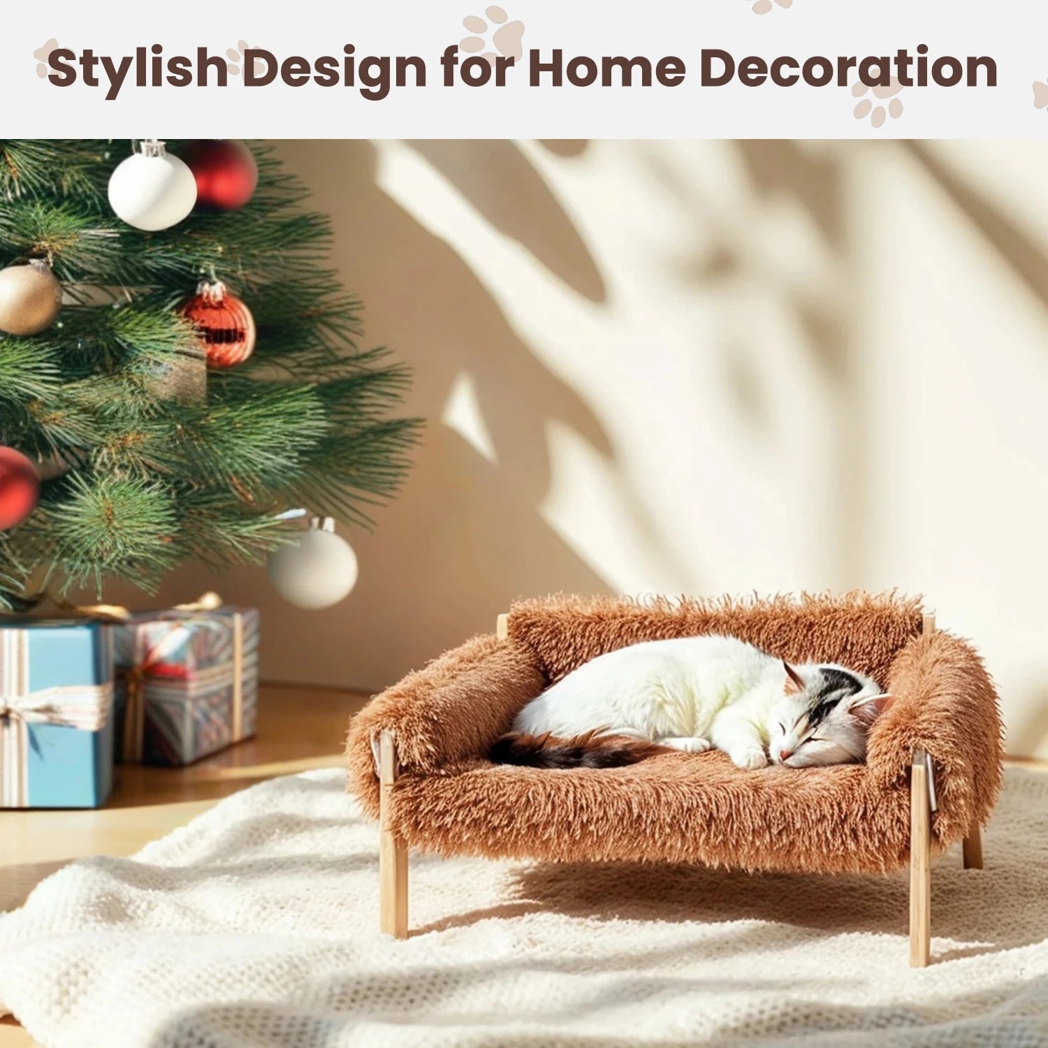 Large Cat Bed Sturdy Wooden Leg Raised Plush Cat Sofa Bed Kitten Bed for Indoor Cats - Soft Cat Couch Dropshipman