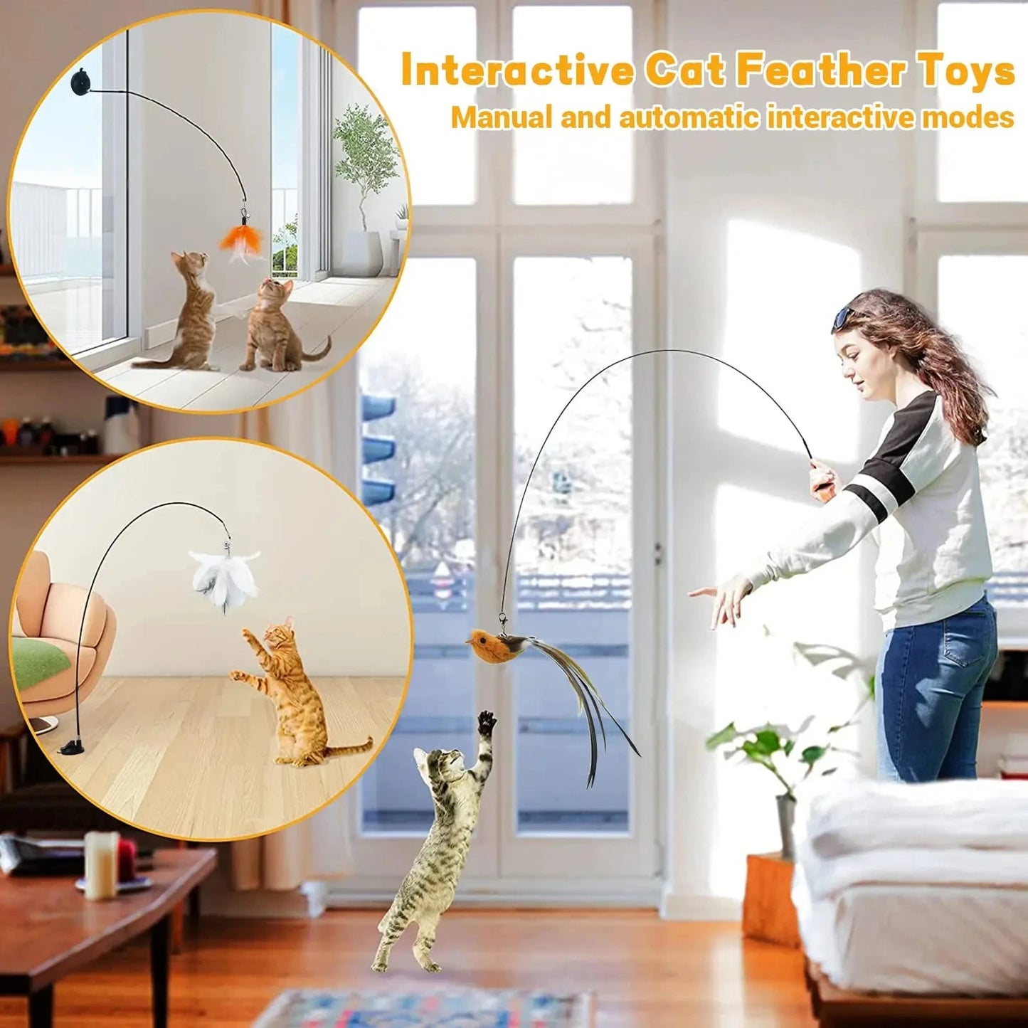 Cats Toys Feathers Wand Interactive Toy Kitten Toys with Super Suction Cup Detachable 2 PCS Feather Replacements Cat Accesorios Dropshipman