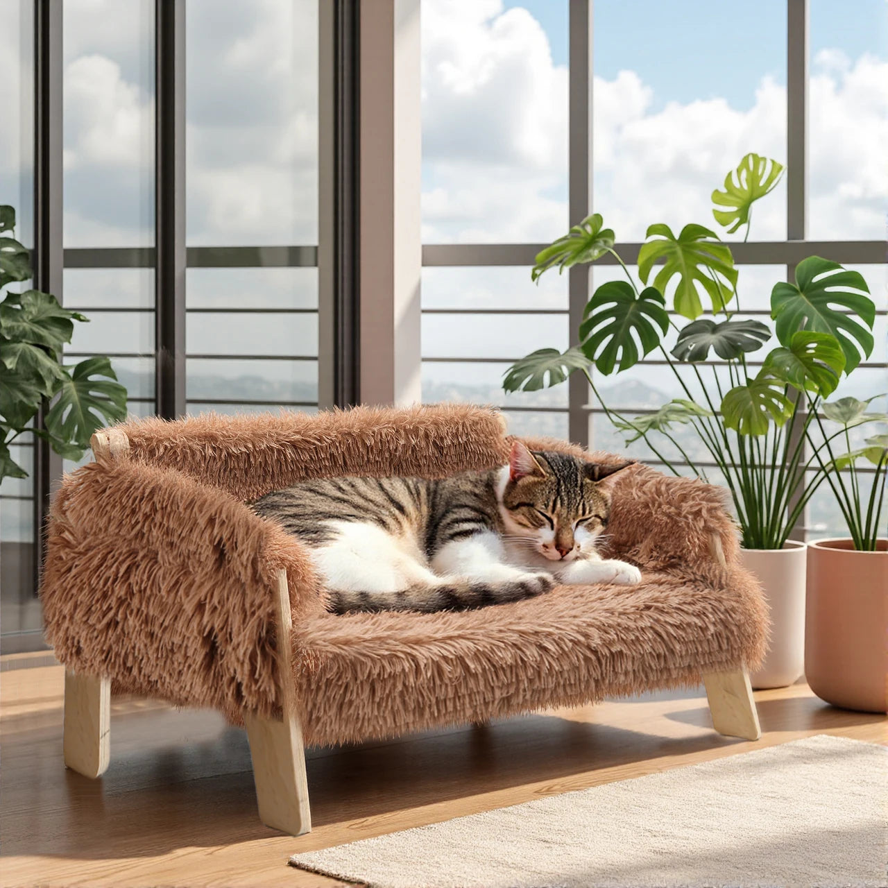 Large Cat Bed Sturdy Wooden Leg Raised Plush Cat Sofa Bed Kitten Bed for Indoor Cats - Soft Cat Couch Dropshipman