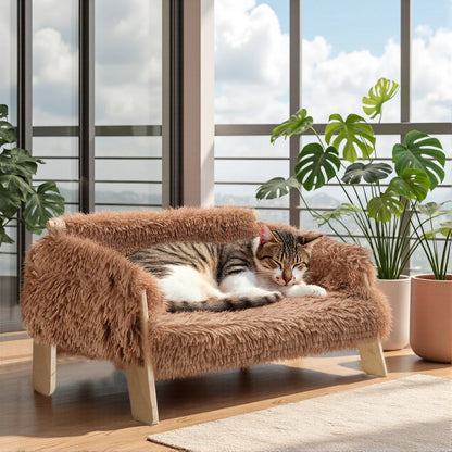 Large Cat Bed Sturdy Wooden Leg Raised Plush Cat Sofa Bed Kitten Bed for Indoor Cats - Soft Cat Couch Dropshipman