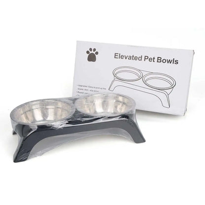 Elevated pet bowl with two stainless steel bowls, suitable for small and medium-sized dogs and cats, available in black and gray