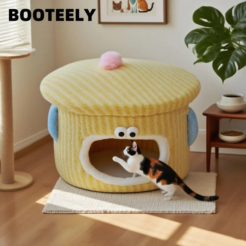 BOOTEELY Cute Cartoon Cat Bed Soft Corduroy Pet Cave With Adorable Face Design Warm Kitten Sleeping Nest Dropshipman
