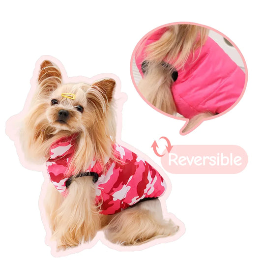 Reversible Winter Dog Jacket for Small Medium Dogs Warm Camouflage Print Pet Coat With Leash Hole Solid Color Yorkshire Parka