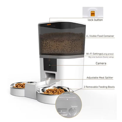 4L Automatic Pet Feeder With Camera APP Control Double Meal Smart Pet Time For Pet Cats Dog Food Stainless Steel Bowl Feeder