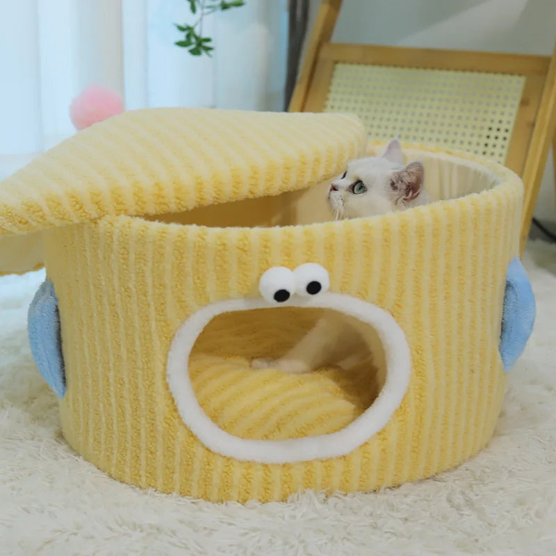 BOOTEELY Cute Cartoon Cat Bed Soft Corduroy Pet Cave With Adorable Face Design Warm Kitten Sleeping Nest Dropshipman