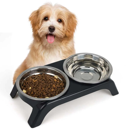 Elevated pet bowl with two stainless steel bowls, suitable for small and medium-sized dogs and cats, available in black and gray