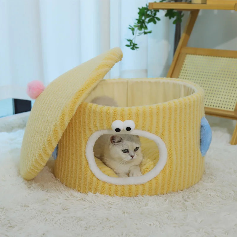 BOOTEELY Cute Cartoon Cat Bed Soft Corduroy Pet Cave With Adorable Face Design Warm Kitten Sleeping Nest Dropshipman