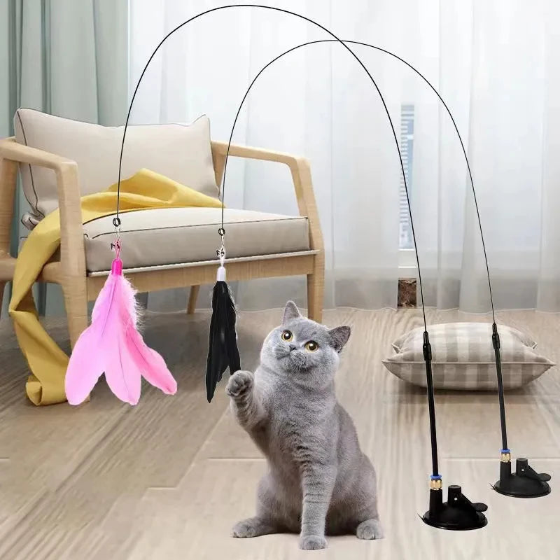 Cats Toys Feathers Wand Interactive Toy Kitten Toys with Super Suction Cup Detachable 2 PCS Feather Replacements Cat Accesorios Dropshipman