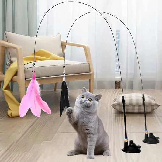 Cats Toys Feathers Wand Interactive Toy Kitten Toys with Super Suction Cup Detachable 2 PCS Feather Replacements Cat Accesorios Dropshipman