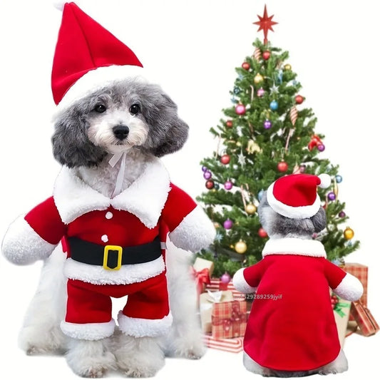 Christmas Santa Claus Pet Costume for Small Dogs & Cats Cozy Apparel Pet Outfit Coat Suit with Cap Winter Warm Clothing Cosplay