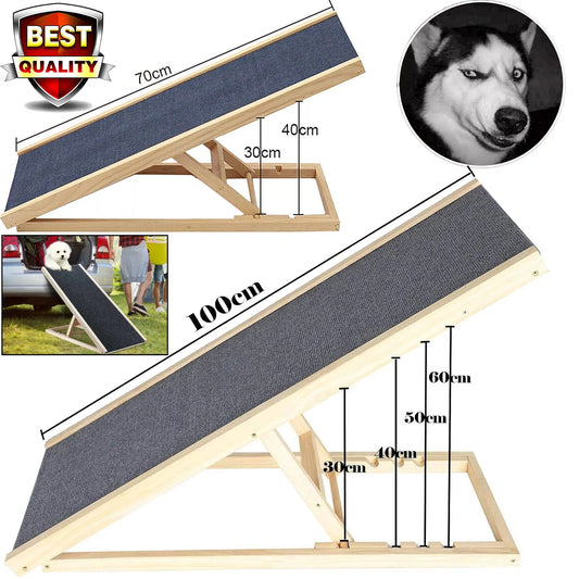 Height-Adjustable Wooden Pet Ramp for Car/Truck - Foldable Dog Stairs for Couch/Bed Access - Non-Slip Safety Ladder for Cats