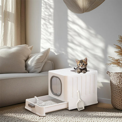 BingoPaw Cat Litter Tray Box: Foldable Top Entry Extra Large Cats Toilet with Lid Kitten Litter Tray Easy Cleaning Drawer Design Dropshipman