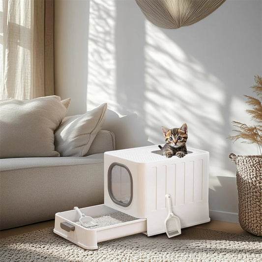 BingoPaw Cat Litter Tray Box: Foldable Top Entry Extra Large Cats Toilet with Lid Kitten Litter Tray Easy Cleaning Drawer Design Dropshipman
