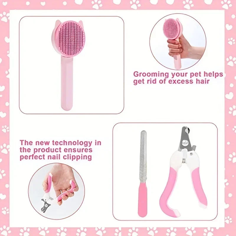8Pcs Cat Brush Beauty Kit With Pets Nail Clippers Cat Shampoo Bath Brush Cats Sheddin and Files Pet Self-Cleaning Kit Flea Comb