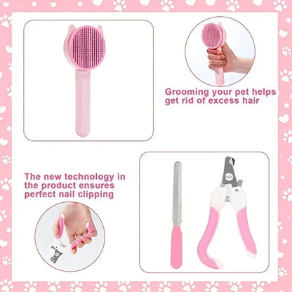 8Pcs Cat Brush Beauty Kit With Pets Nail Clippers Cat Shampoo Bath Brush Cats Sheddin and Files Pet Self-Cleaning Kit Flea Comb