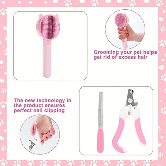 8Pcs Cat Brush Beauty Kit With Pets Nail Clippers Cat Shampoo Bath Brush Cats Sheddin and Files Pet Self-Cleaning Kit Flea Comb