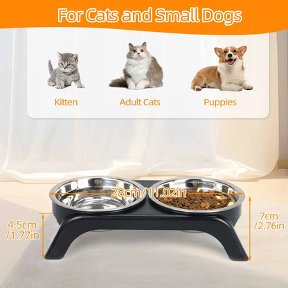 Elevated pet bowl with two stainless steel bowls, suitable for small and medium-sized dogs and cats, available in black and gray